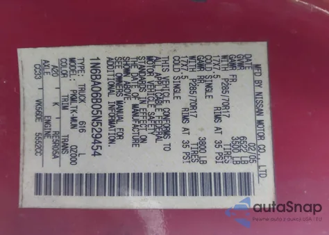 2005 Nissan Titan Se из США, поврежденный, VIN 1N6BA06B05N529454